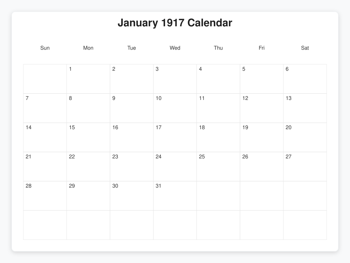 Printable January 1917 Calendars
