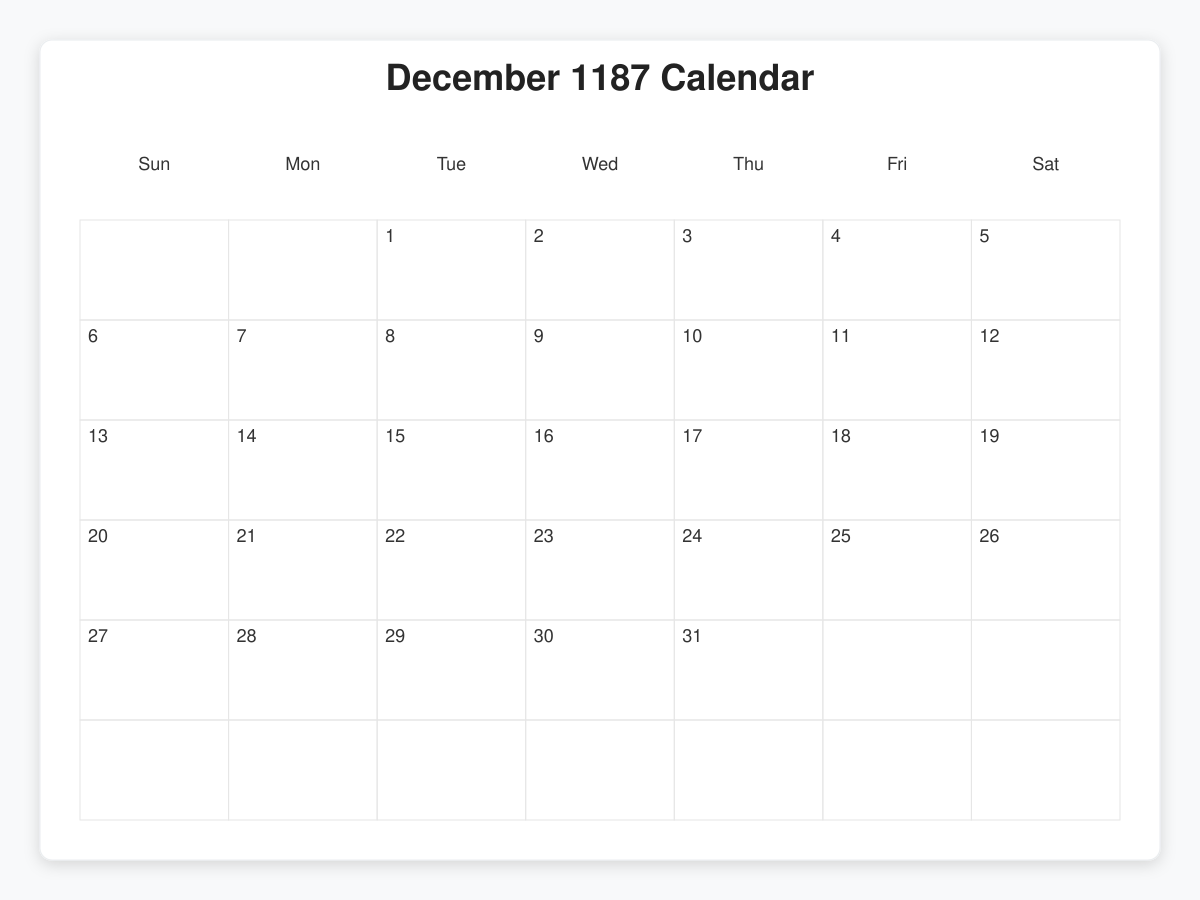 Printable January 1187 Calendars