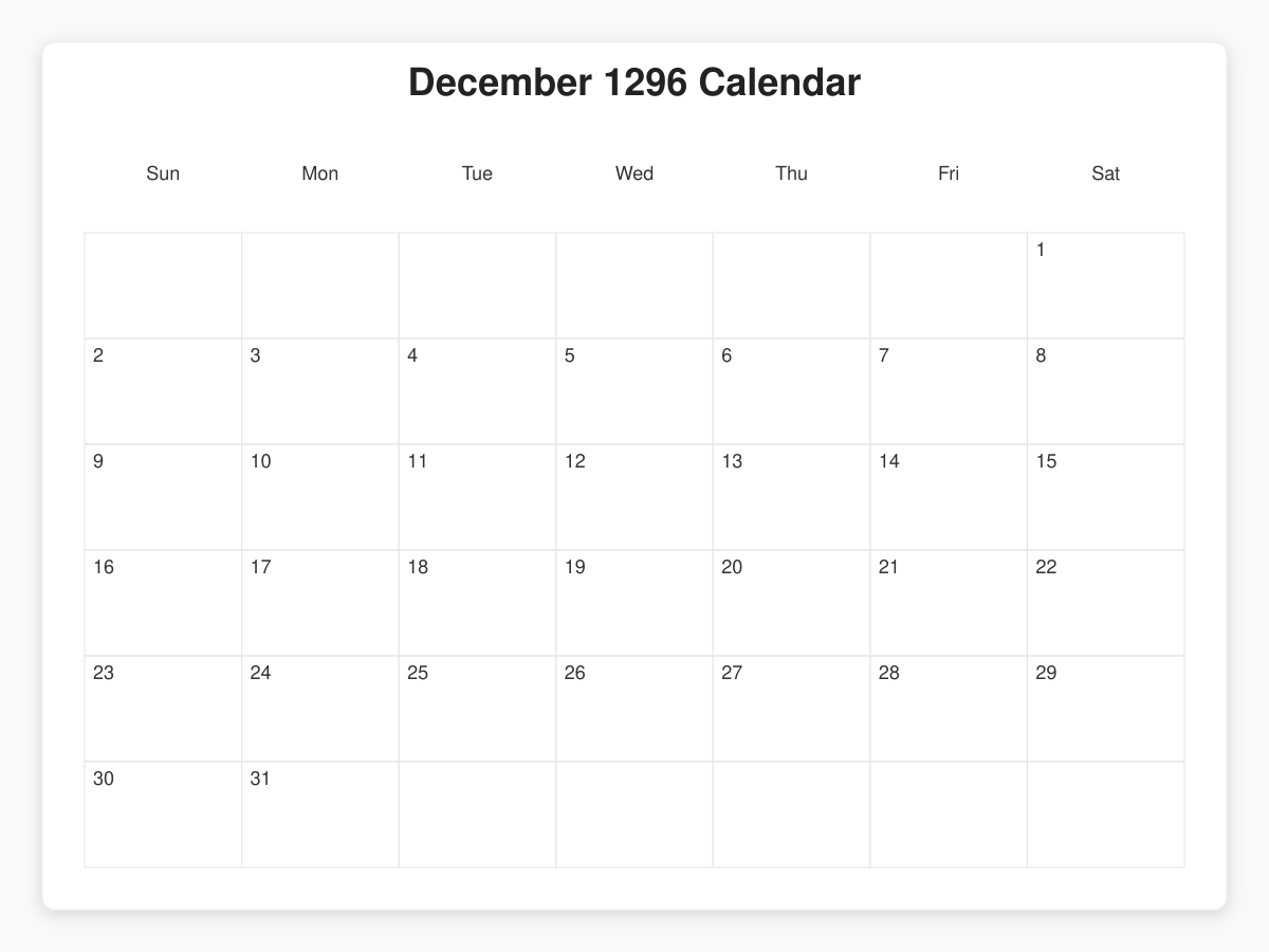Printable January 1296 Calendars