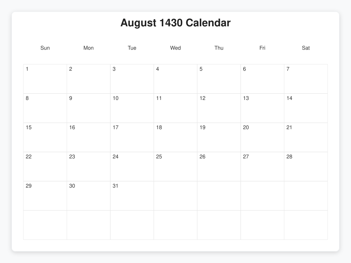 Printable August 1430 Calendars