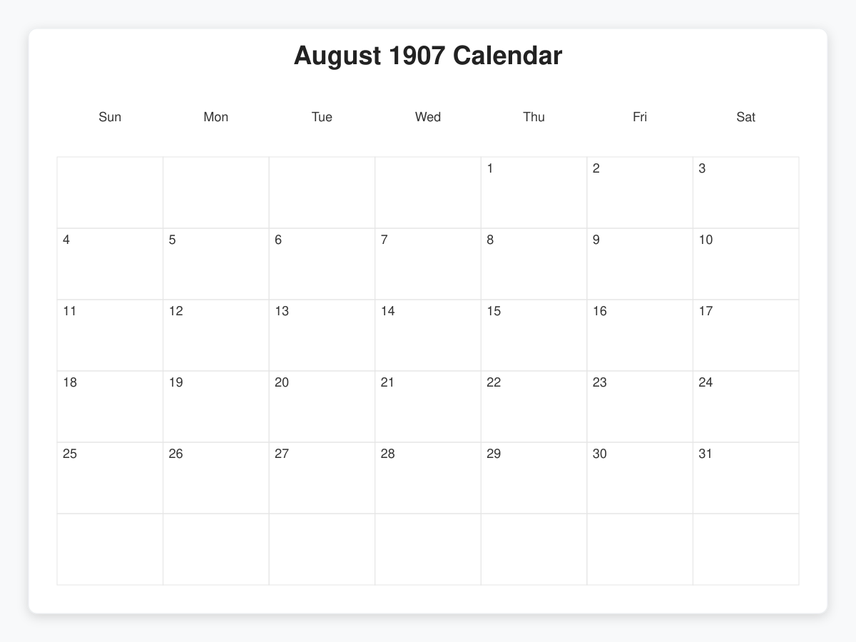 Printable August 1907 Calendars