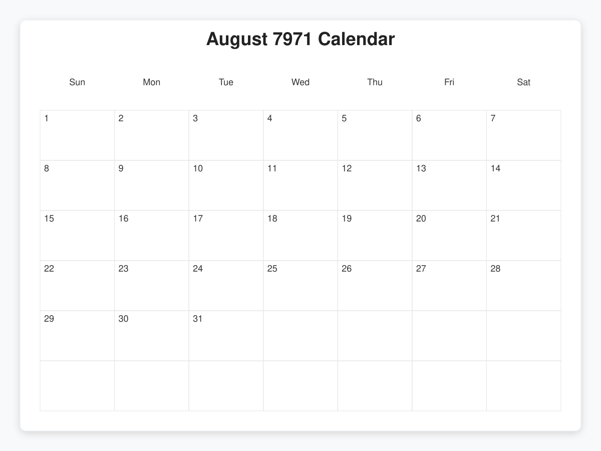 Printable August 7971 Calendars