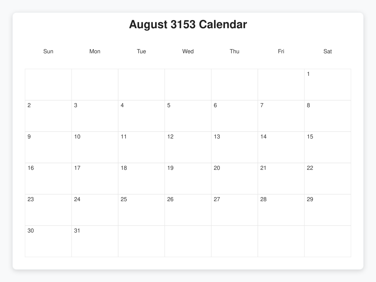 Printable August 3153 Calendars