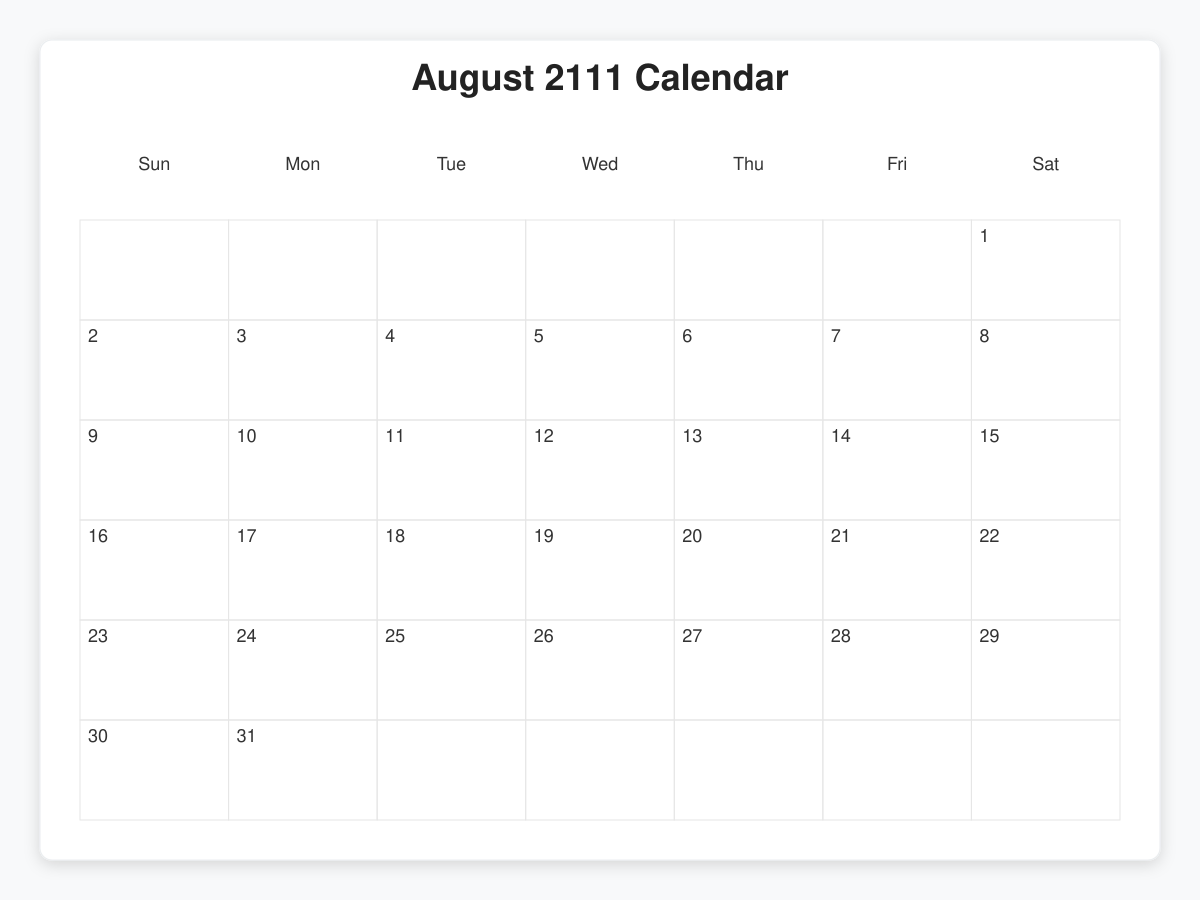 Printable August 2111 Calendars