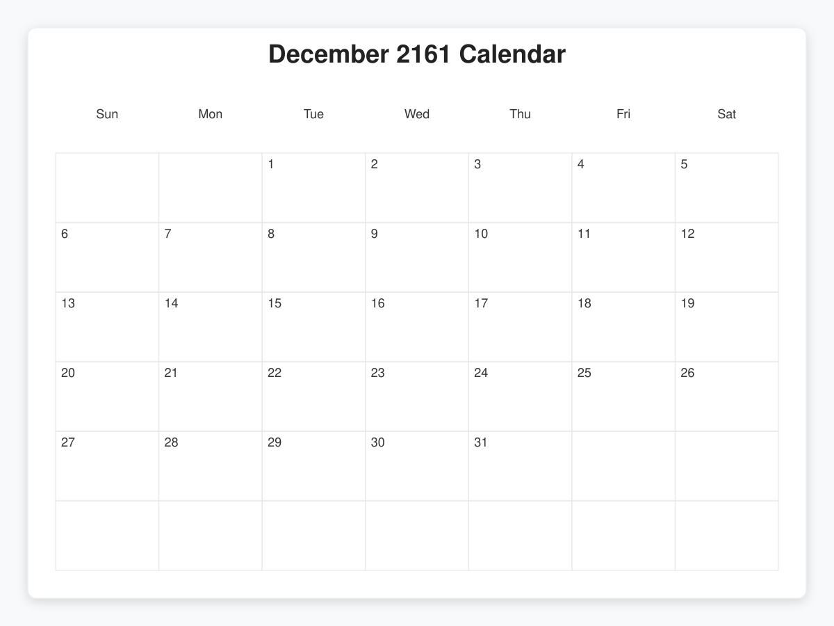 Printable December 2161 Calendars