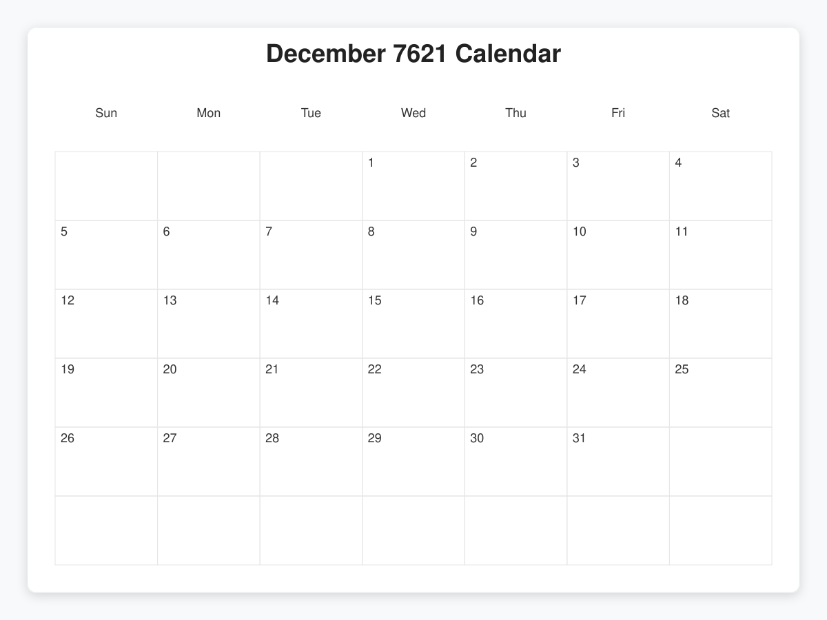 Printable December 7621 Calendars