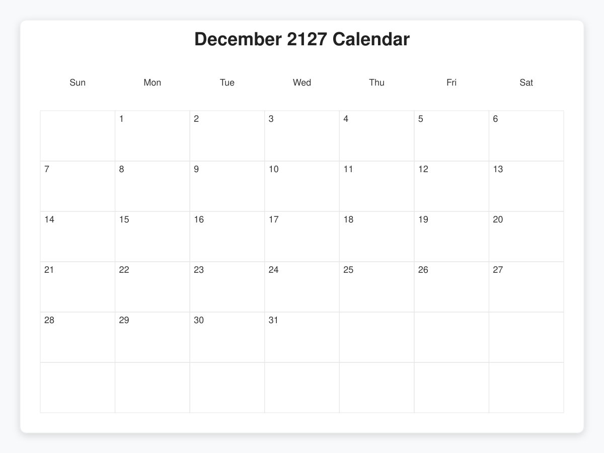 Printable December 2127 Calendars