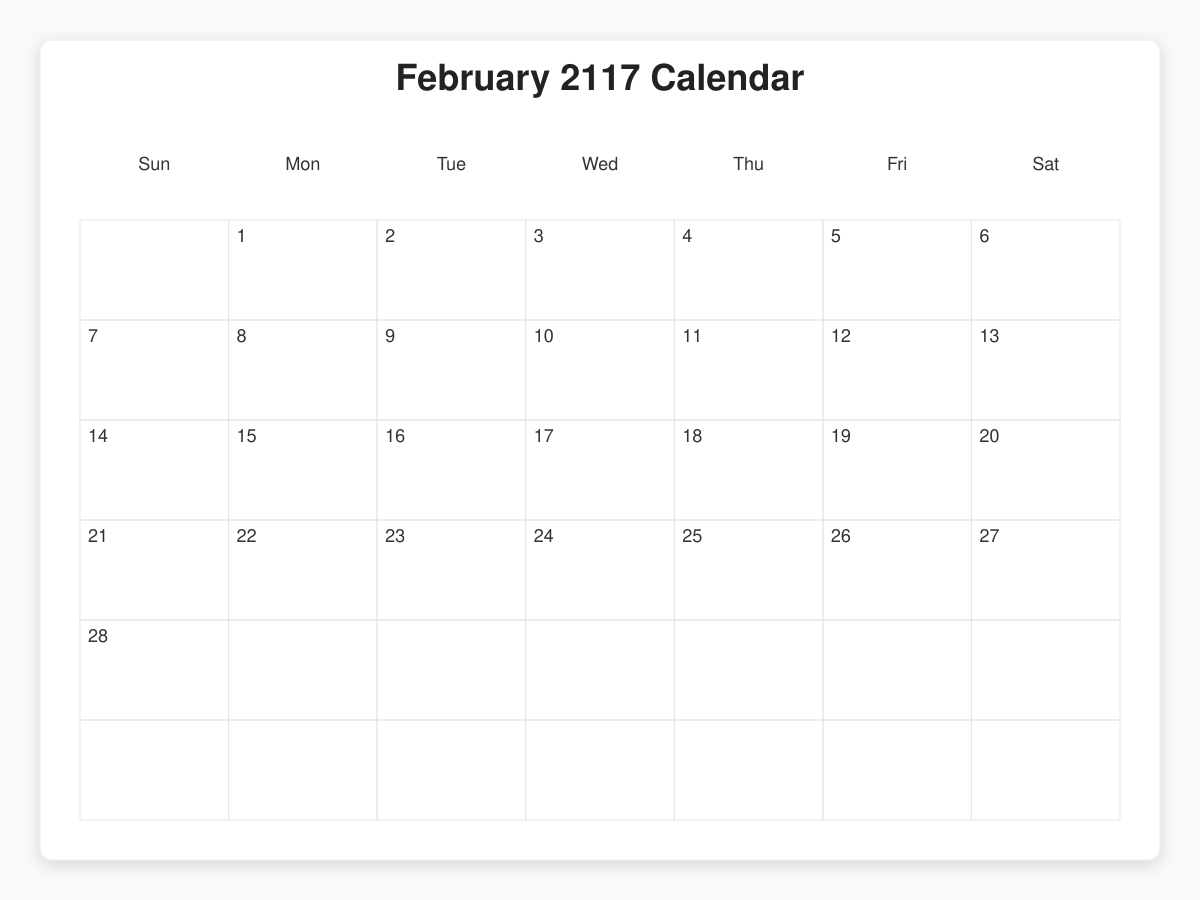 Printable February 2117 Calendars