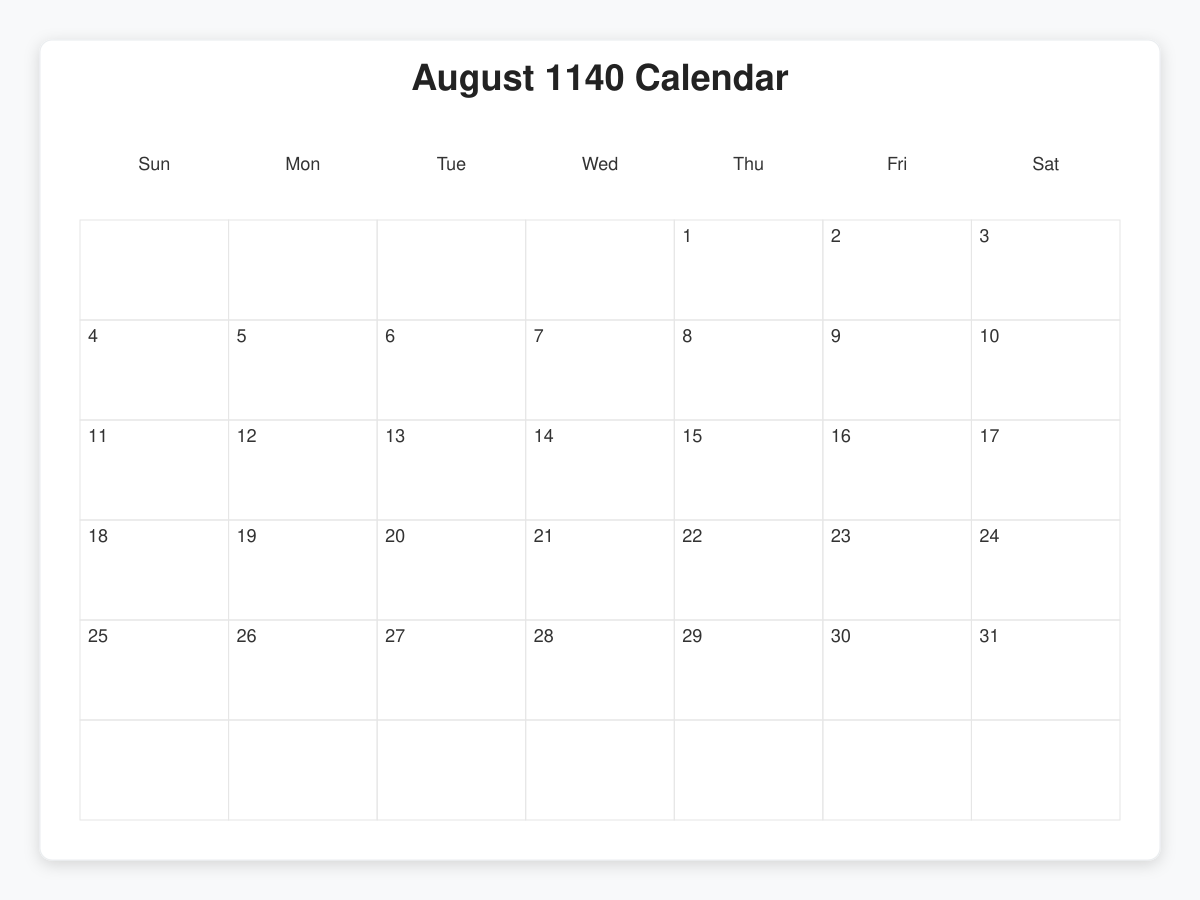 Printable August 1140 Calendars