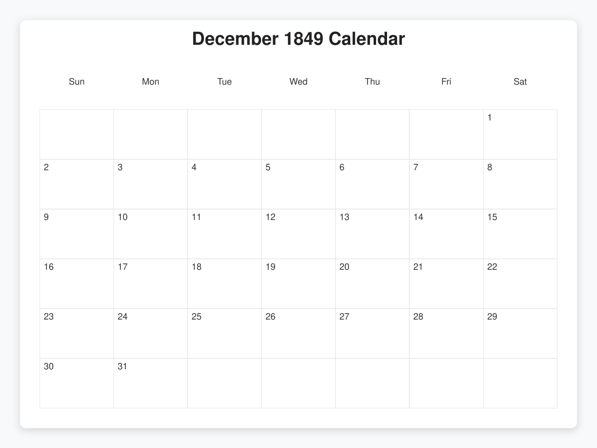 Printable December 1849 Calendars