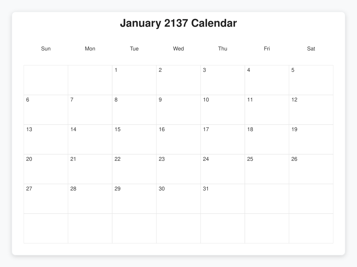 Printable January 2137 Calendars