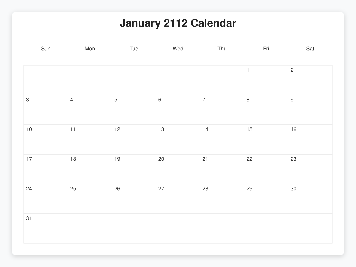 Printable January 2112 Calendars