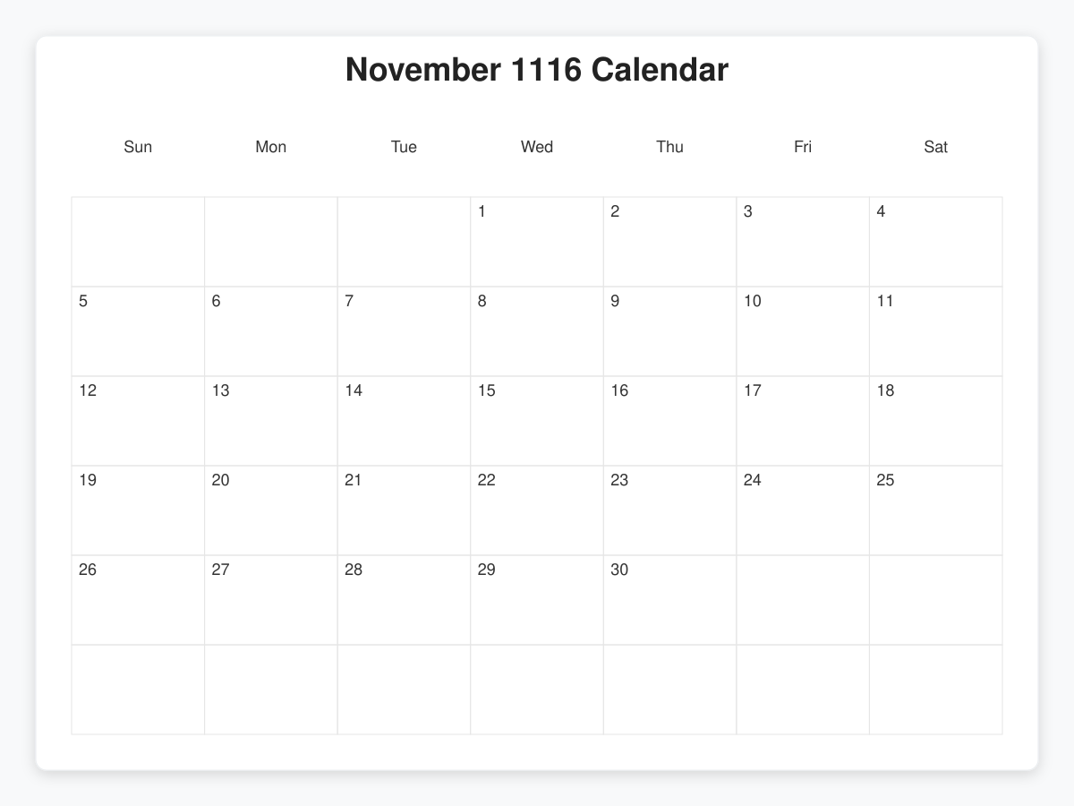 Printable November 1116 Calendars