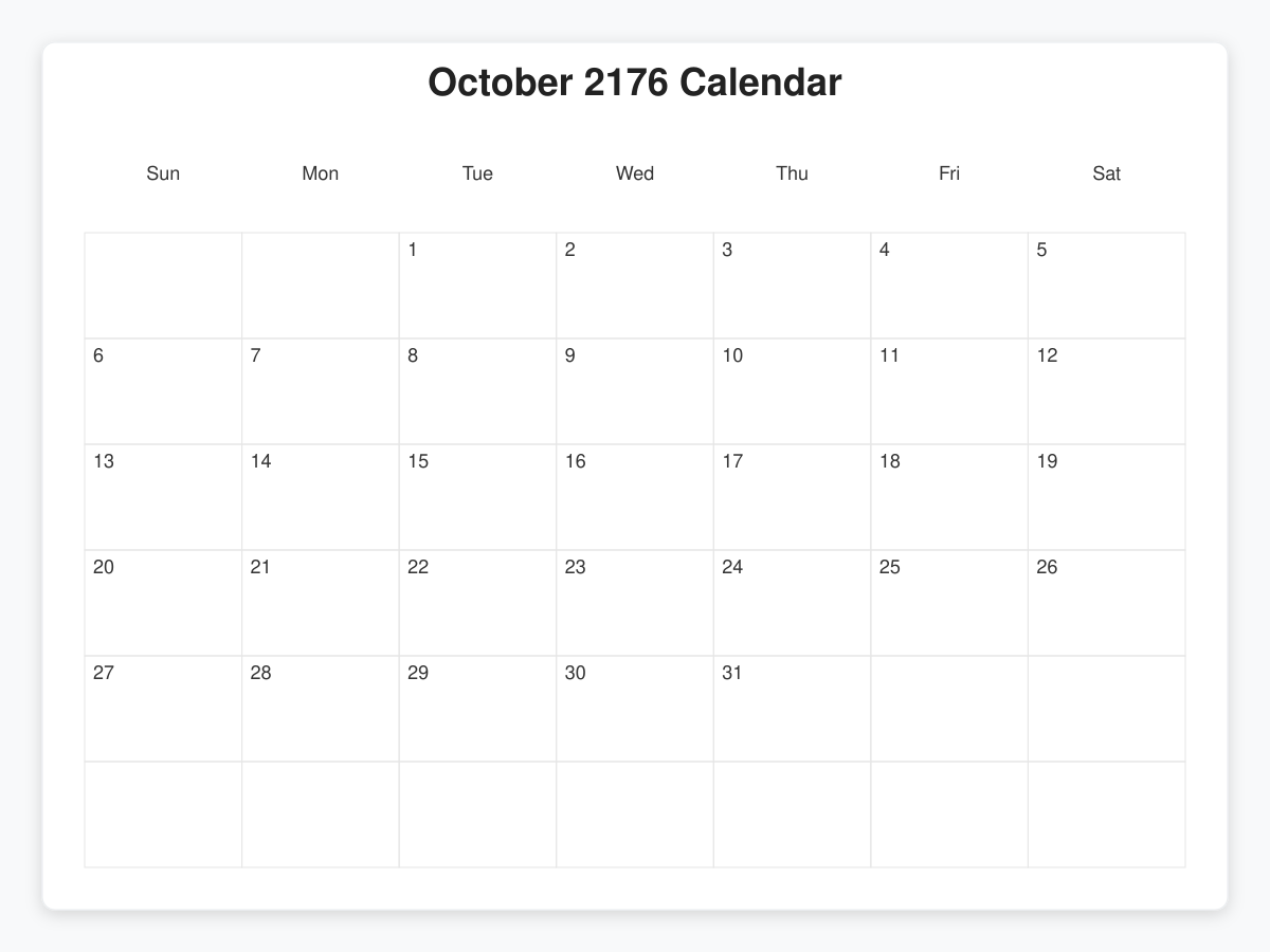 Printable October 2176 Calendars