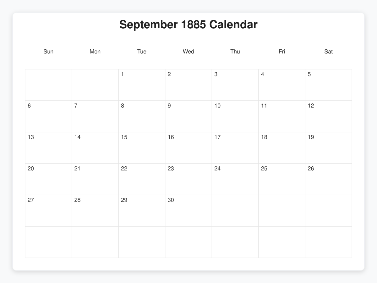 Printable September 1885 Calendars