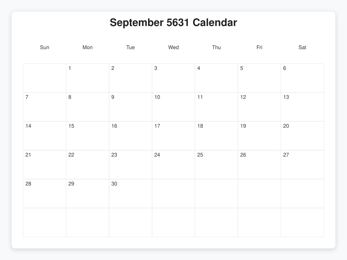 Printable September 5631 Calendars