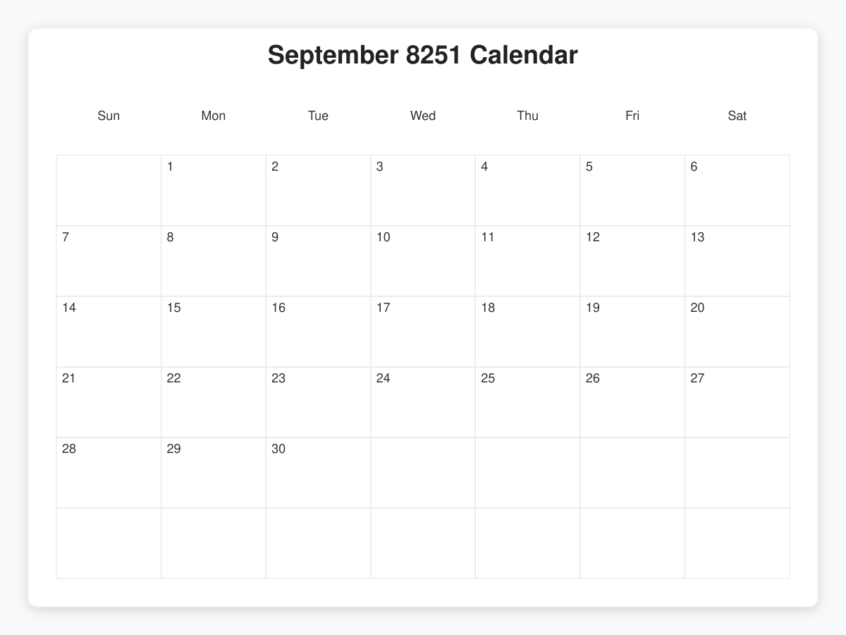Printable September 8251 Calendars