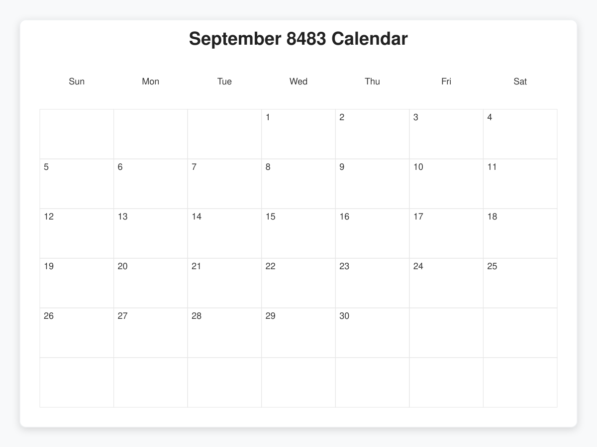 Printable September 8483 Calendars