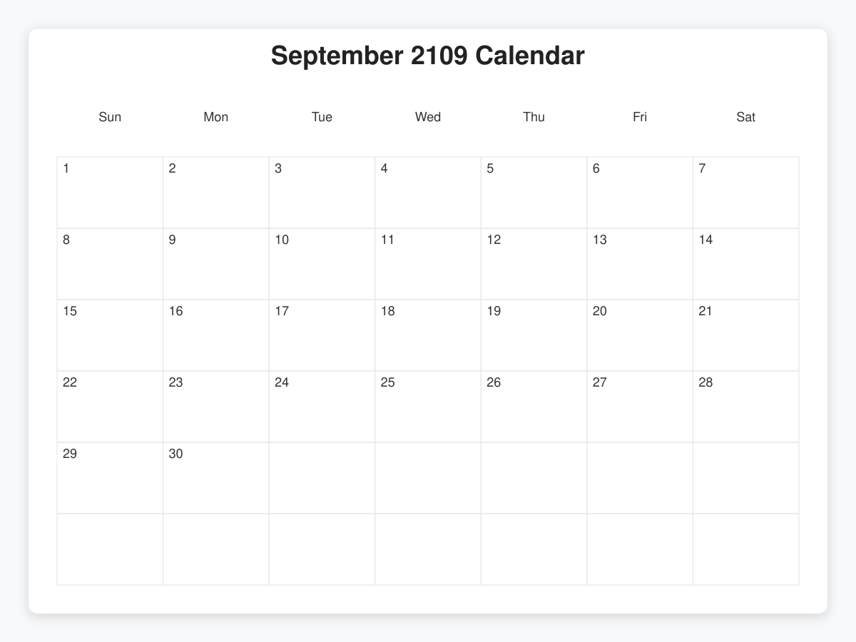 Printable September 2109 Calendars