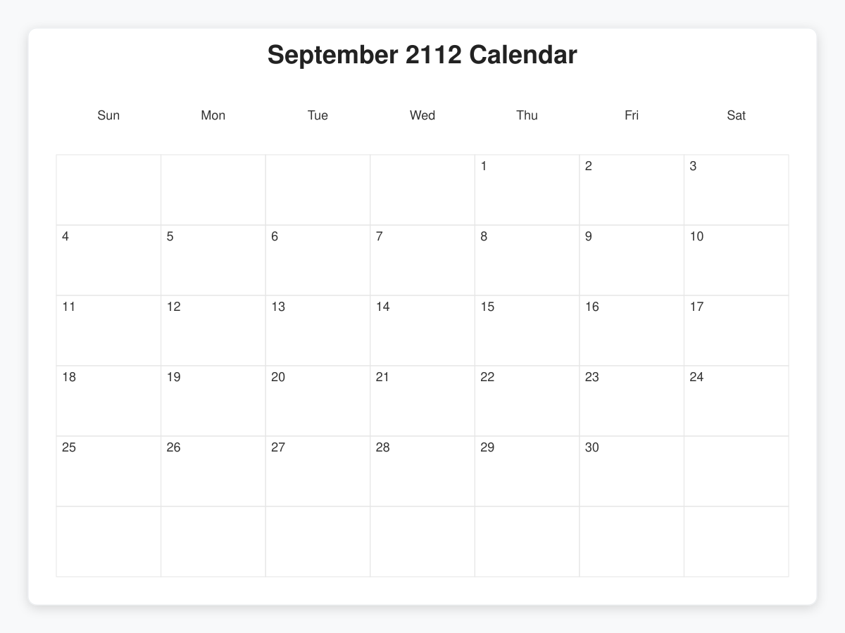 Printable September 2112 Calendars