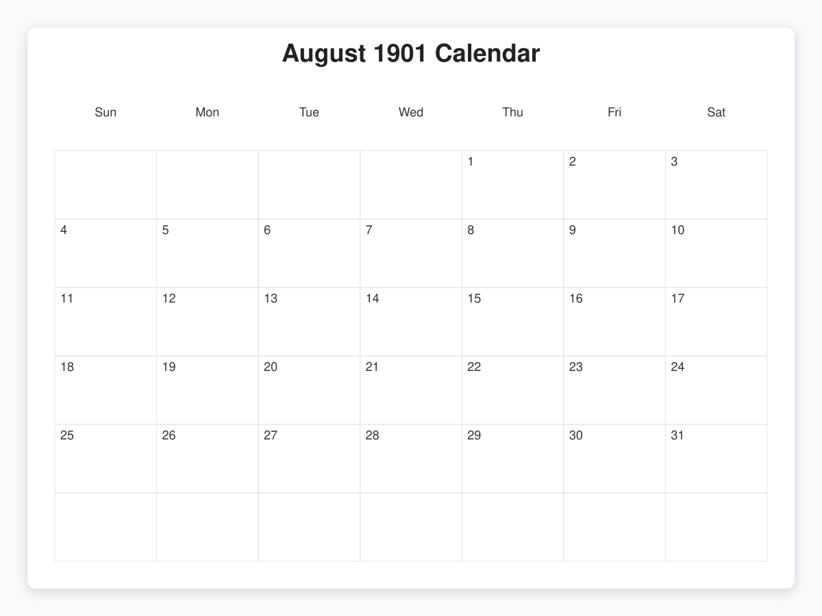 Printable August 1901 Calendars