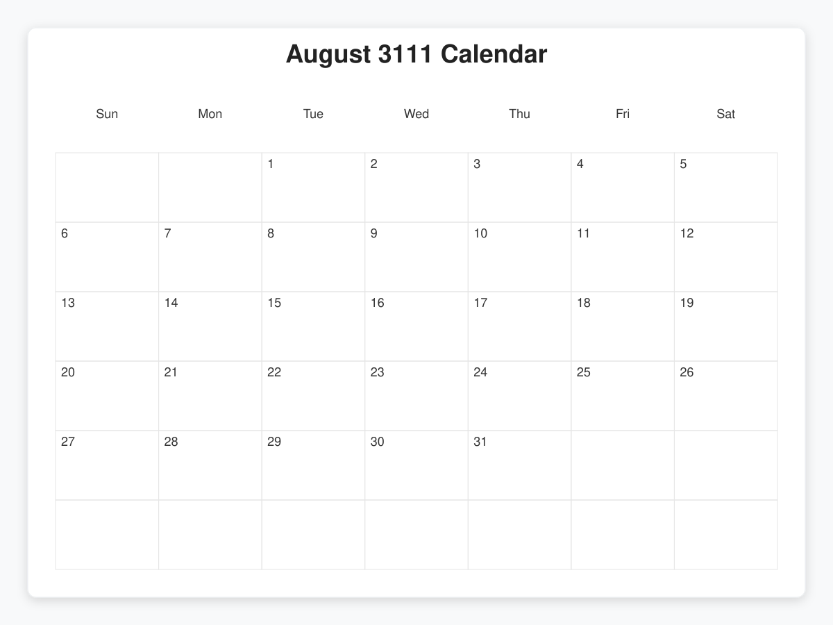 Printable August 3111 Calendars