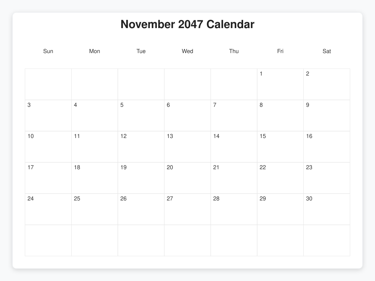 Printable November 2047 Calendars