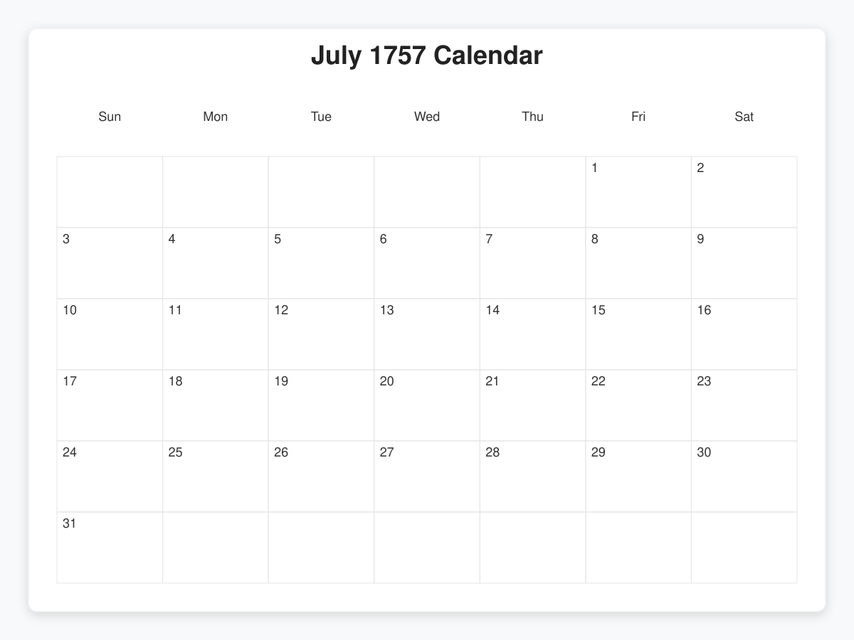 Printable July 1757 Calendars