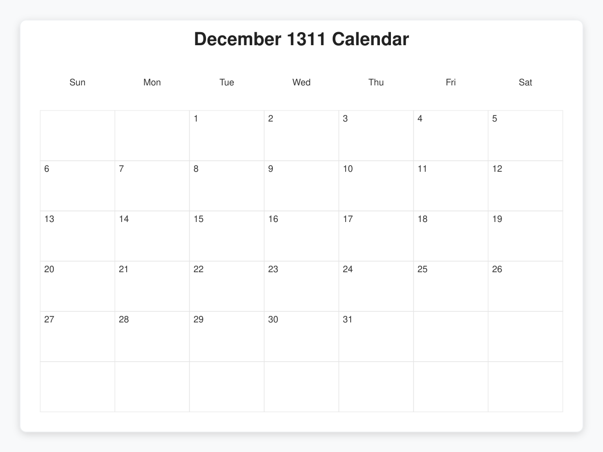 Printable January 1311 Calendars
