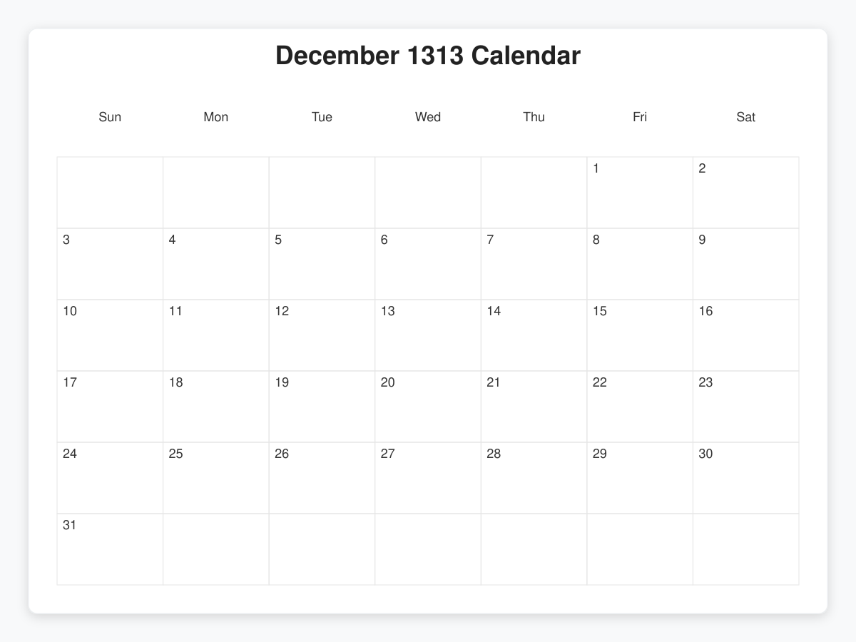 Printable January 1313 Calendars