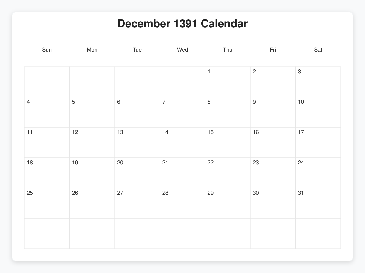 Printable January 1391 Calendars