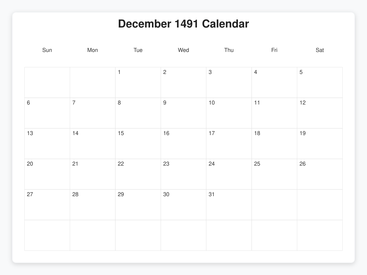 Printable January 1491 Calendars