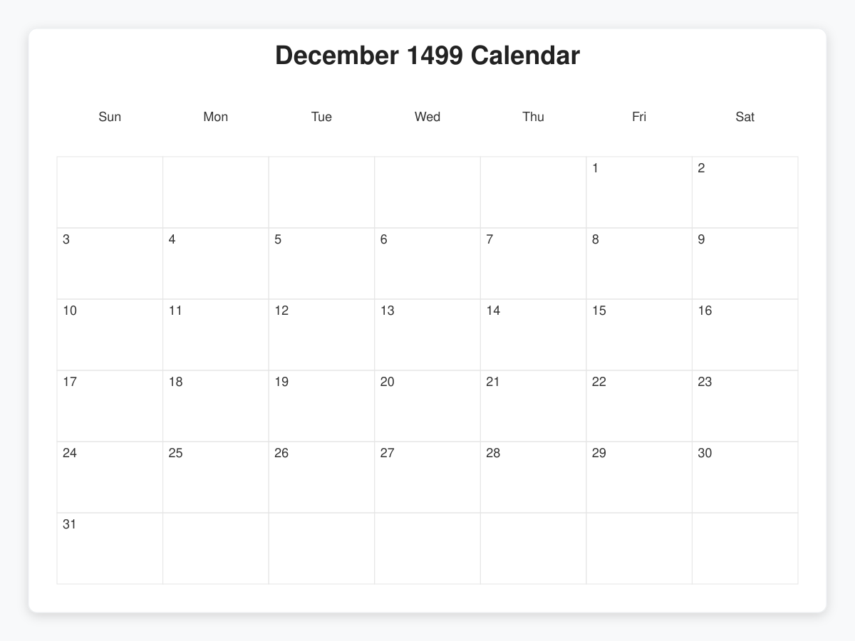 Printable January 1499 Calendars