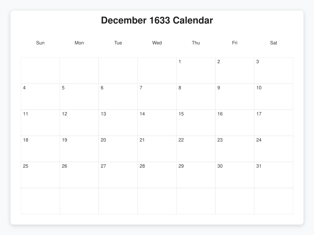Printable January 1633 Calendars