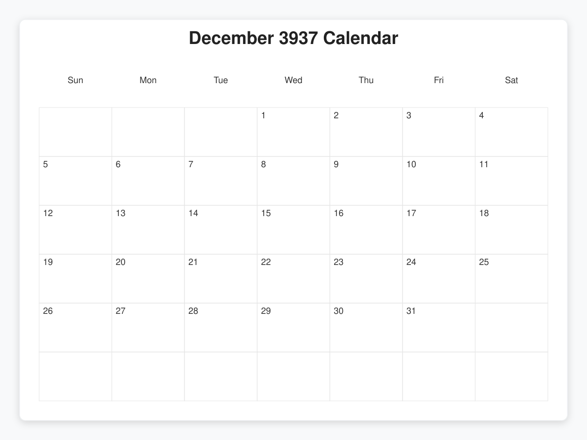 Printable January 3937 Calendars