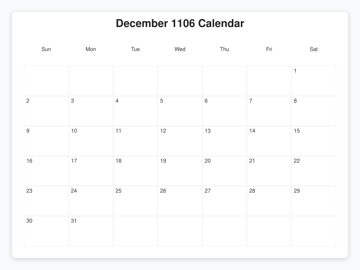 Printable December 1106 Calendars