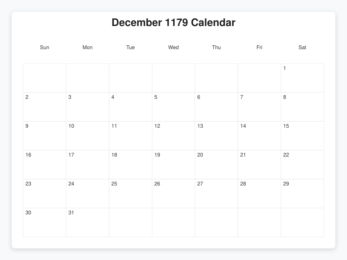 Printable December 1179 Calendars
