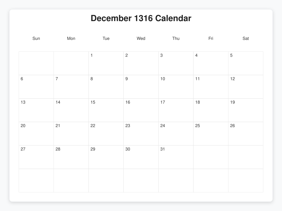 Printable December 1316 Calendars