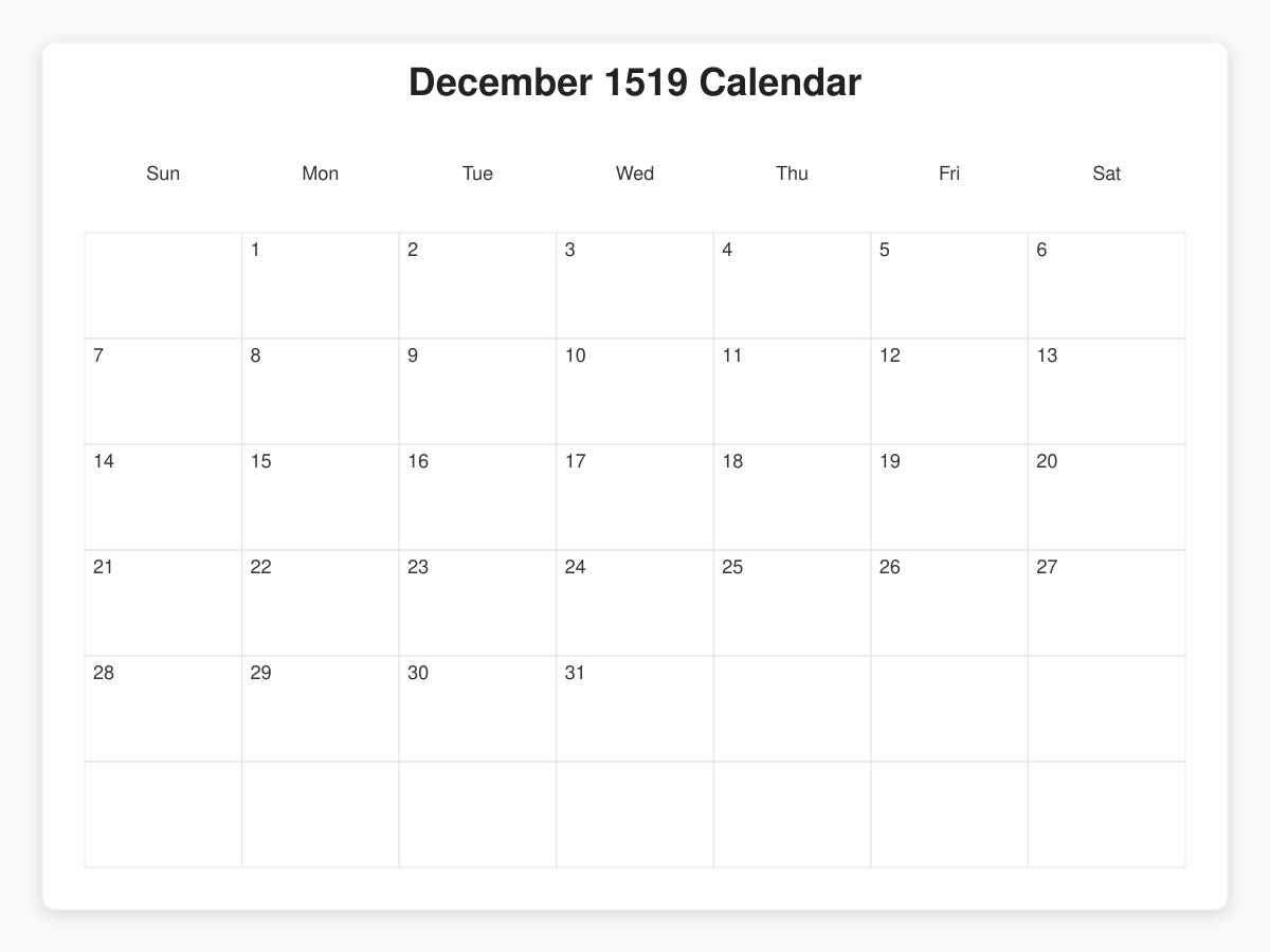 Printable December 1519 Calendars
