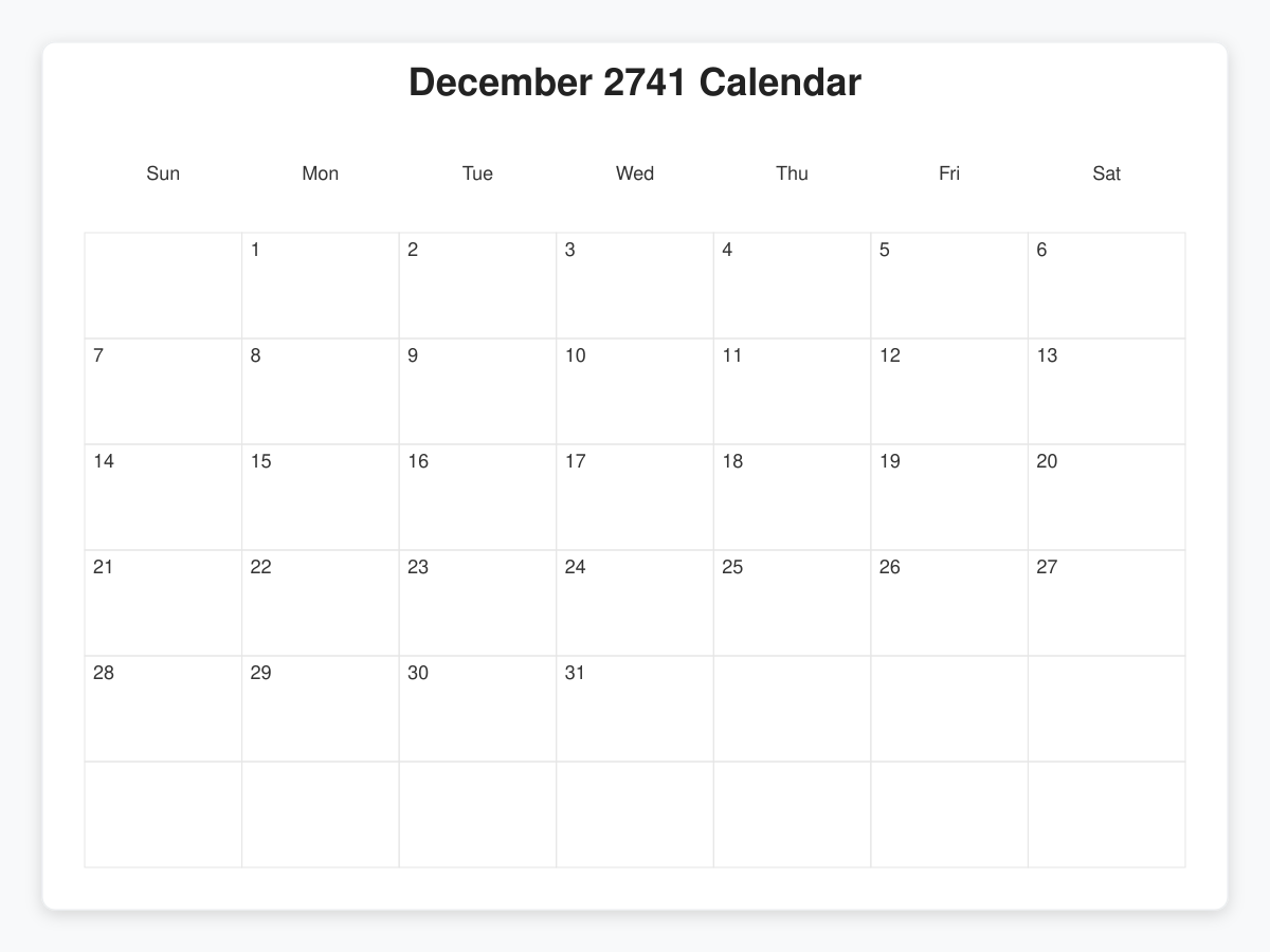 Printable December 2741 Calendars