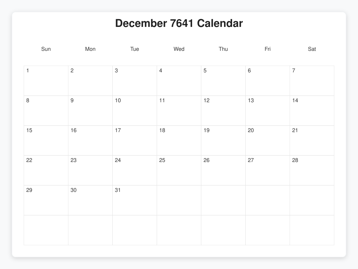 Printable December 7641 Calendars