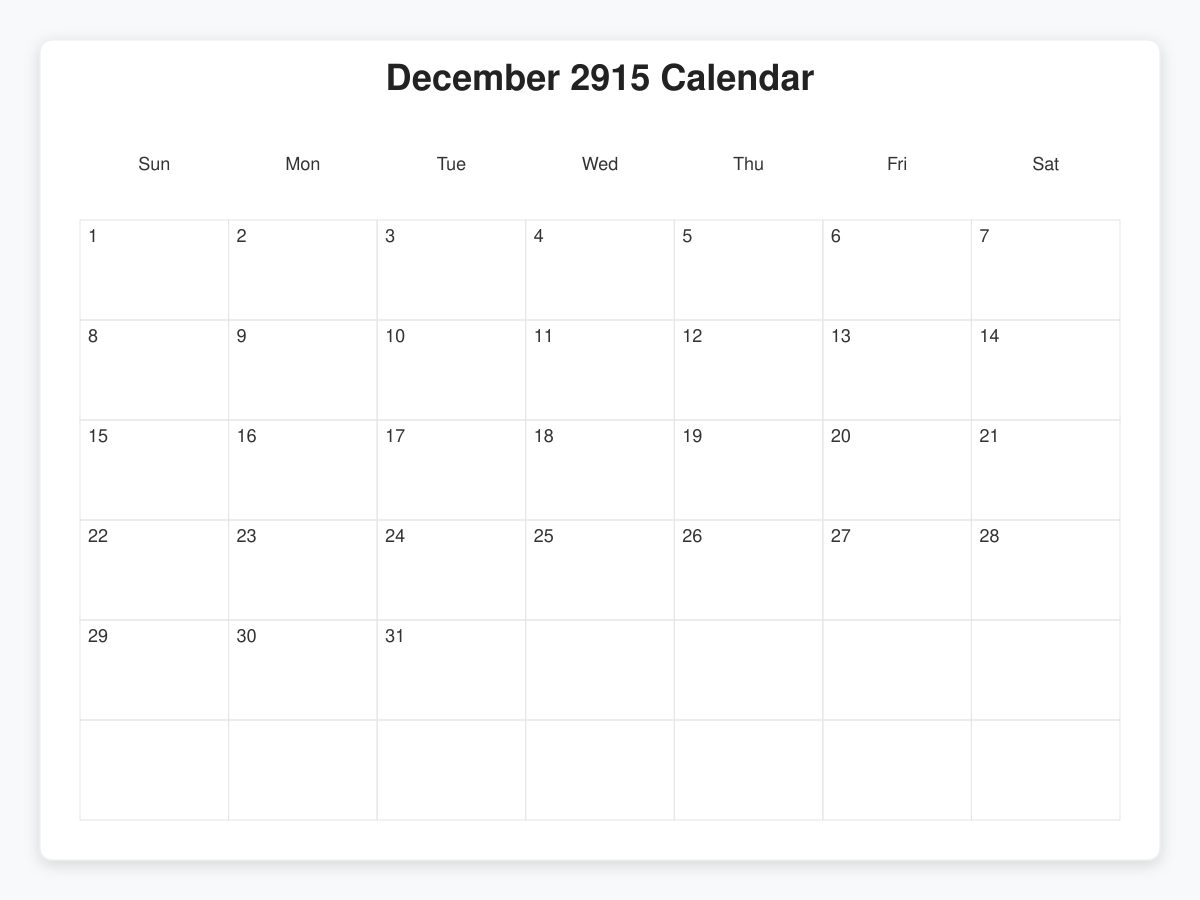 Printable December 2915 Calendars