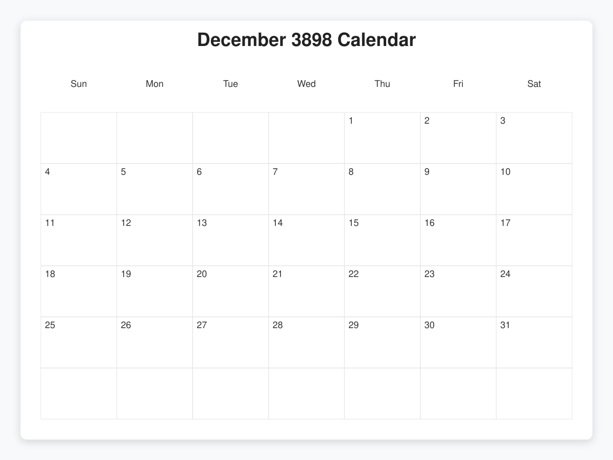 Printable December 3898 Calendars