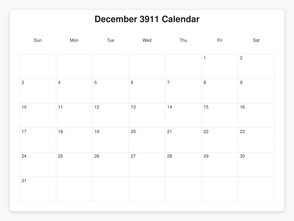 Printable December 3911 Calendars