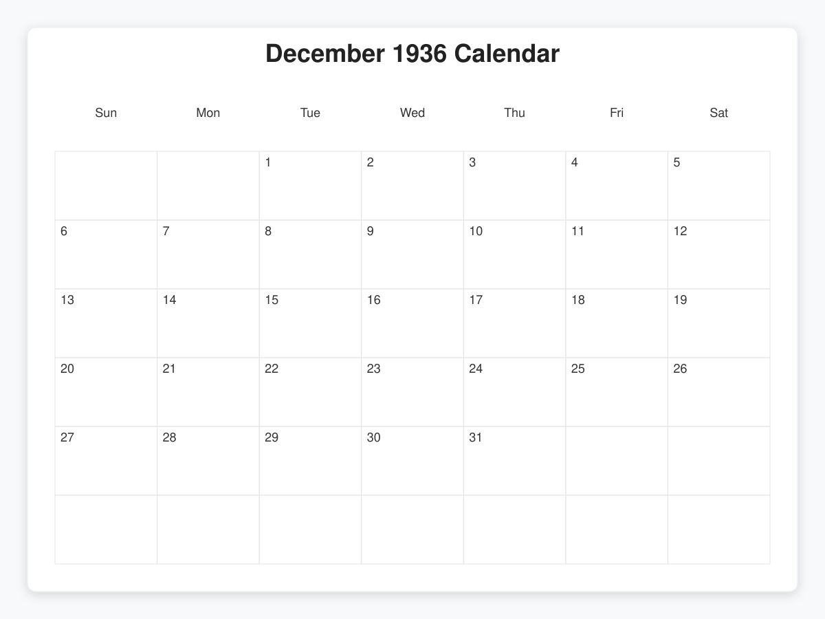 Printable December 1936 Calendars