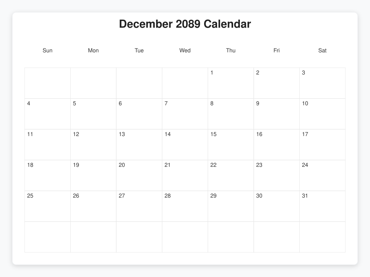 Printable December 2089 Calendars