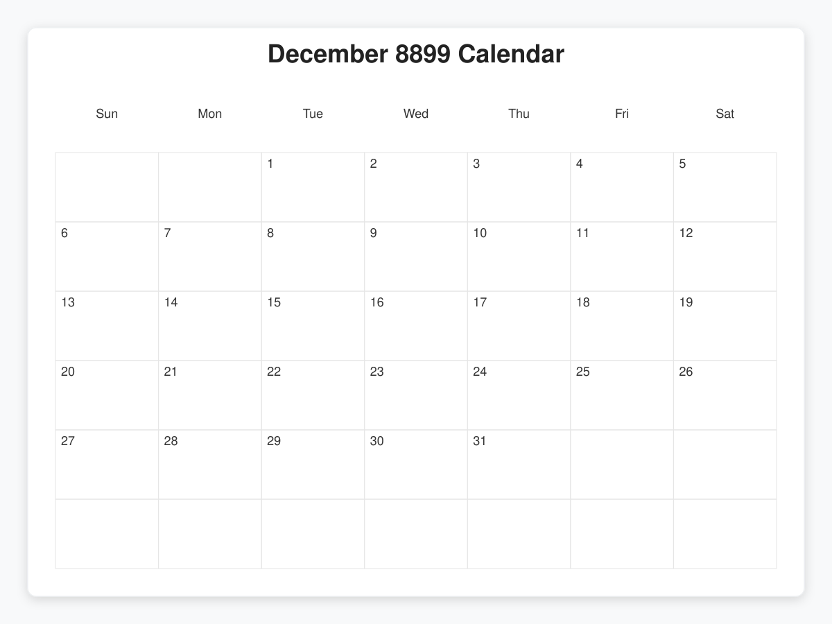 Printable December 8899 Calendars