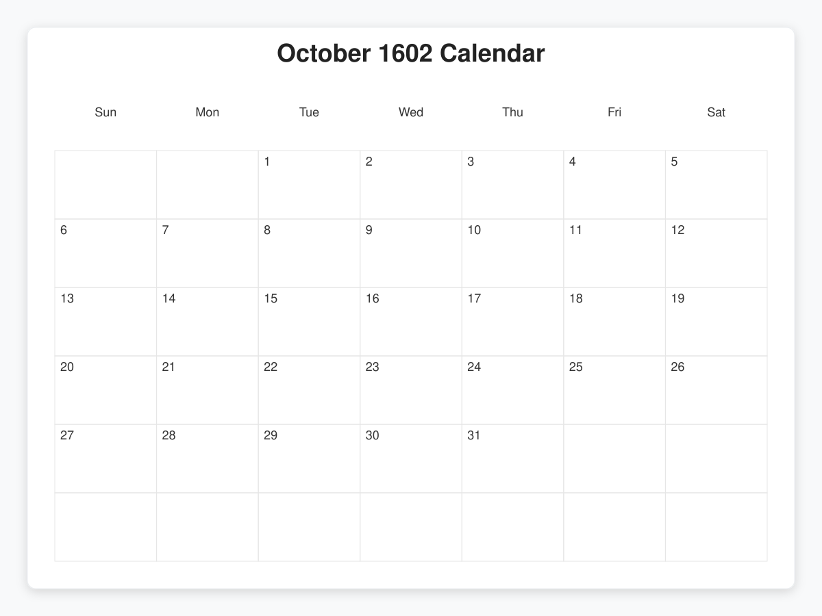 Printable October 1602 Calendars