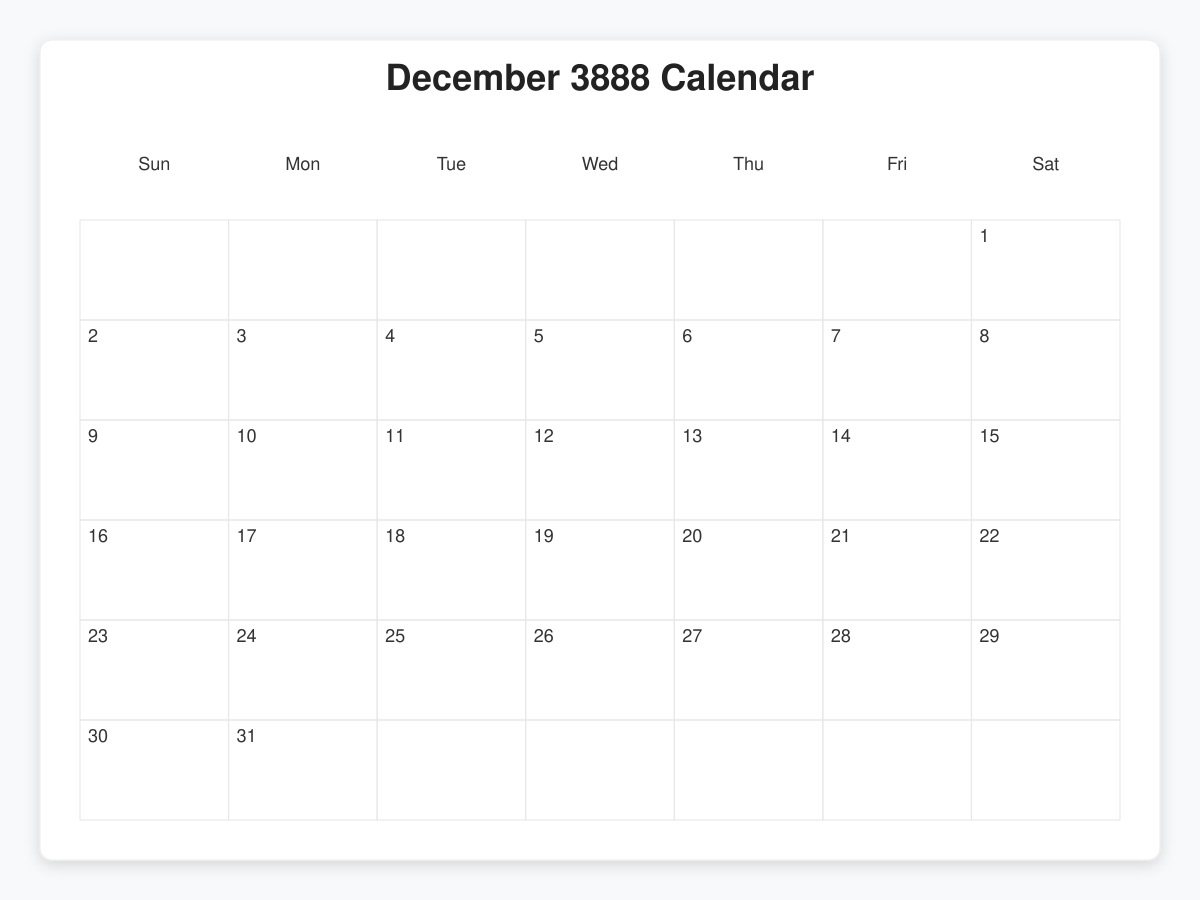 Printable December 3888 Calendars