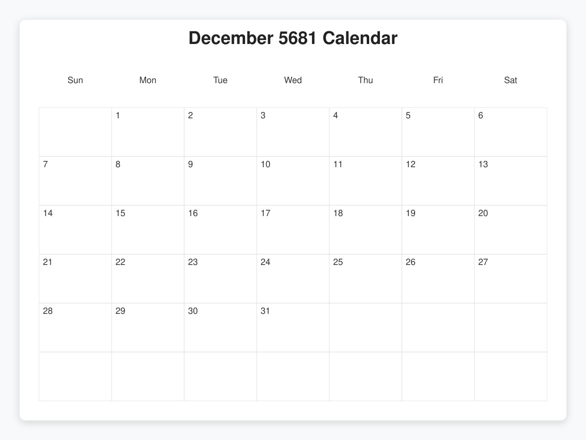 Printable December 5681 Calendars